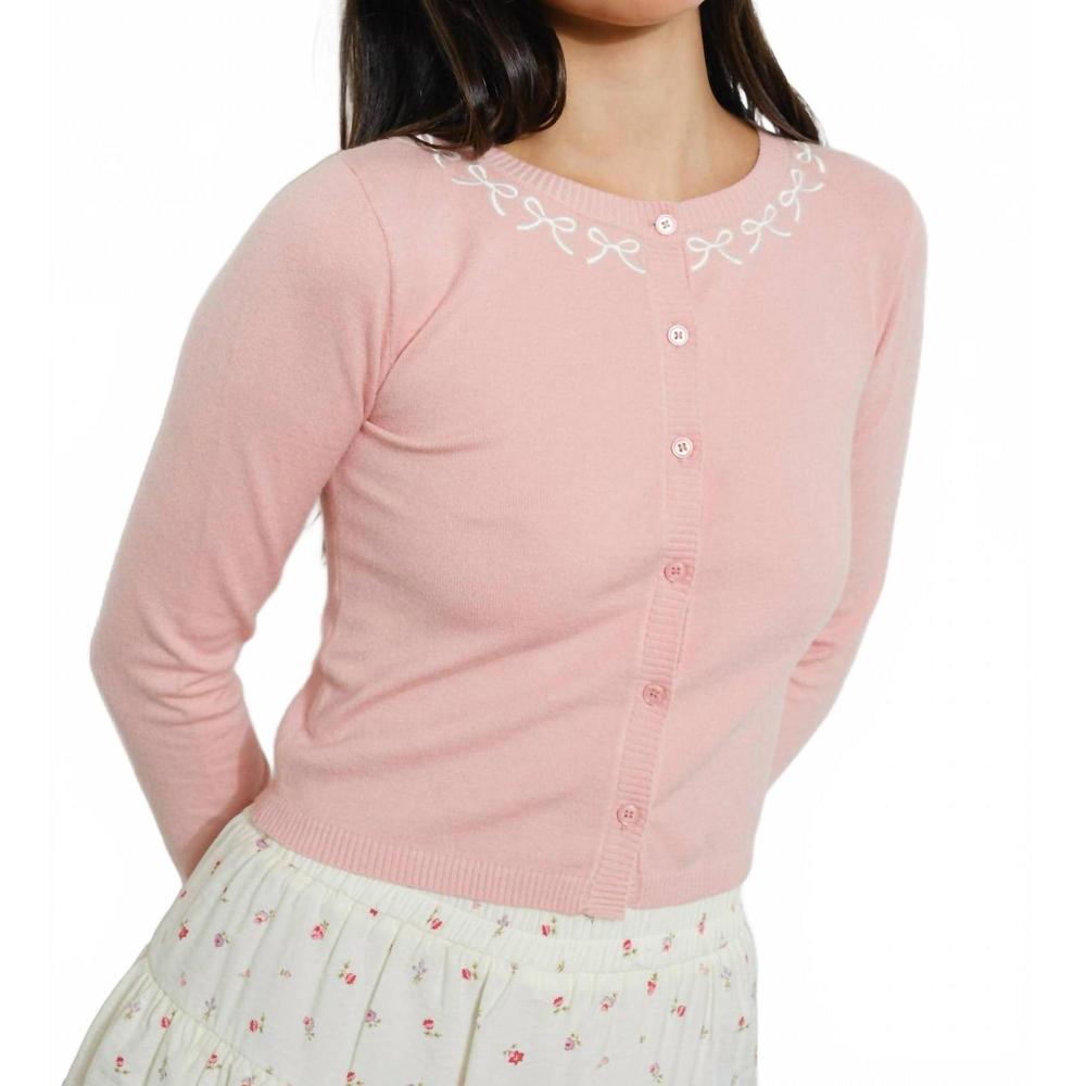NEW PRETTY GARBAGE bow embroidery cardi in dusty pink